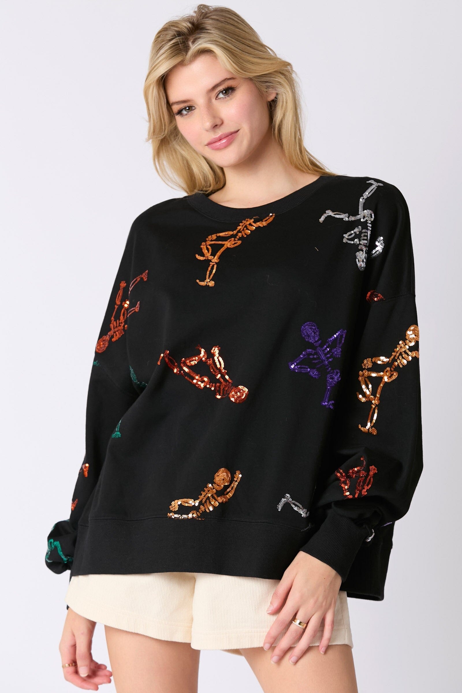 Skeleton Sequin Embroidery Oversized Sweatshirt peach love california 