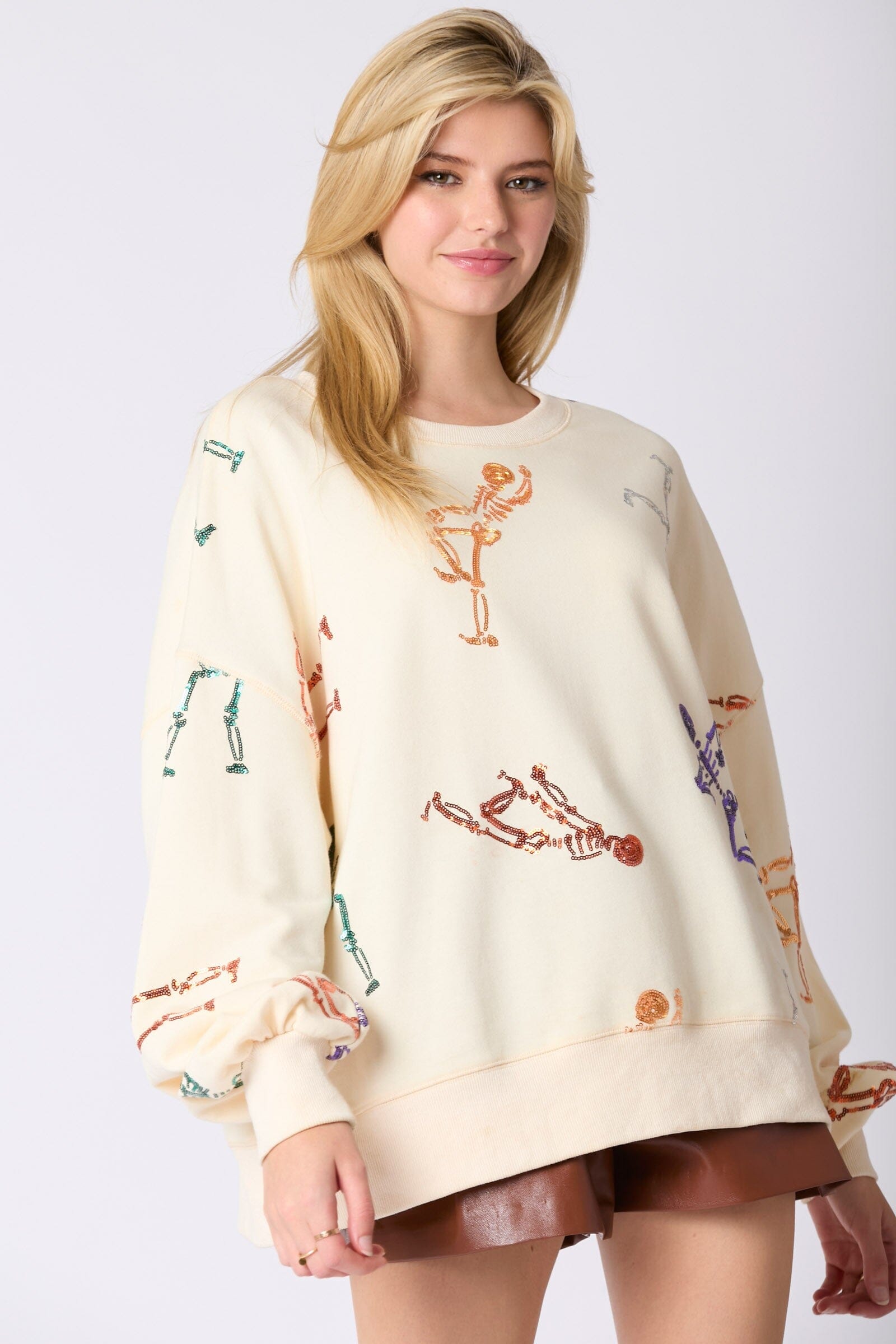Skeleton Sequin Embroidery Oversized Sweatshirt peach love california 