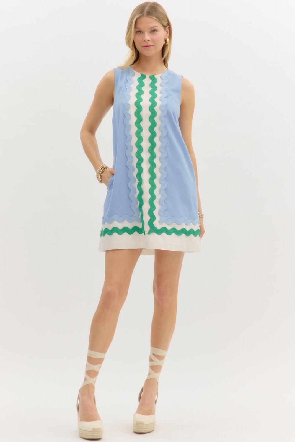 Sky Blue and Green Ric Rac Shift Dress Entro 