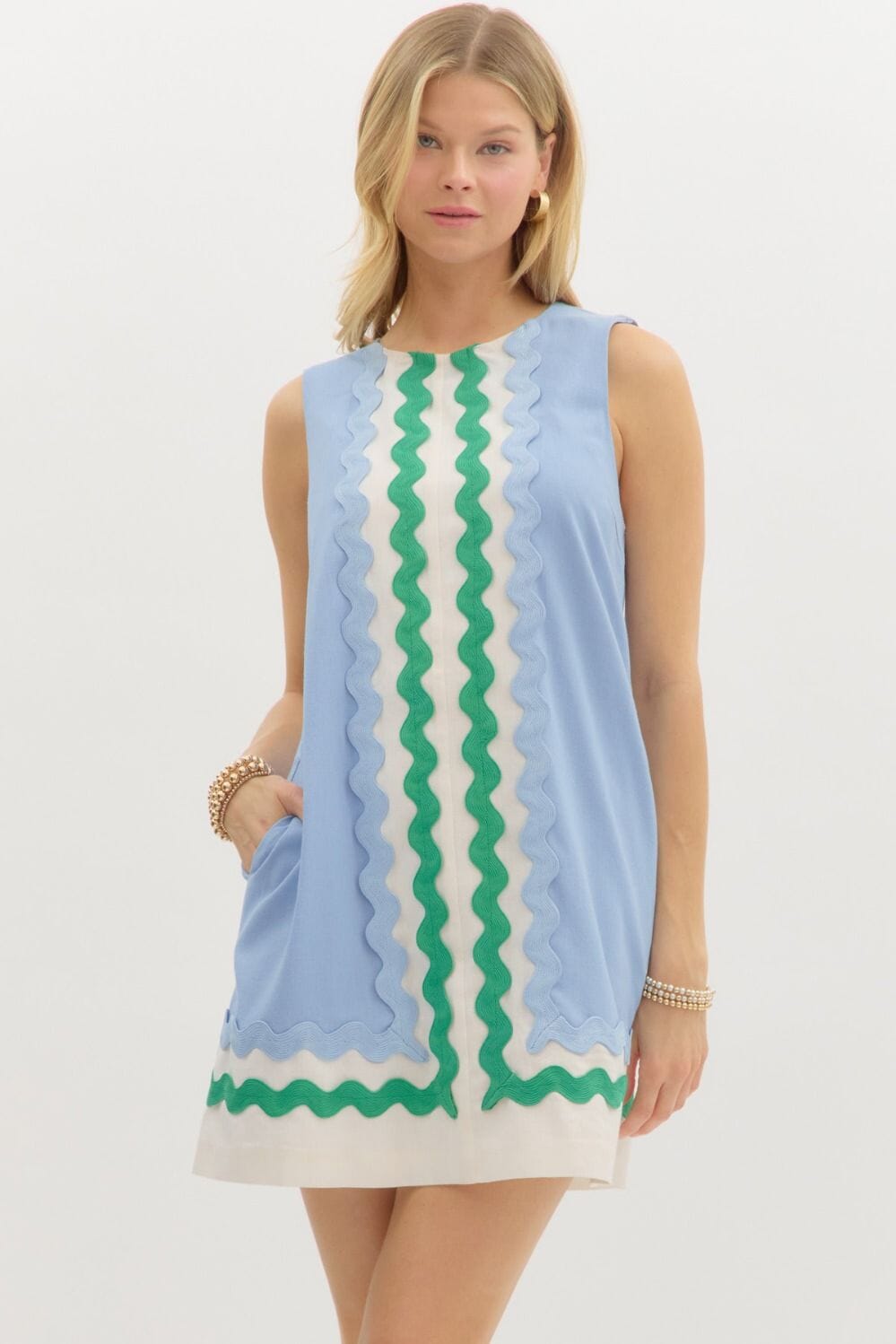 Sky Blue and Green Ric Rac Shift Dress Entro 