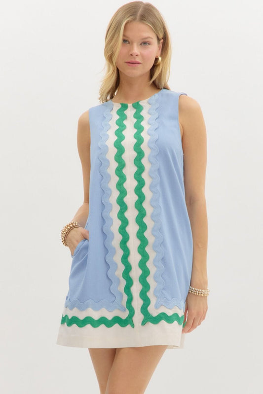 Sky Blue and Green Ric Rac Shift Dress Entro 