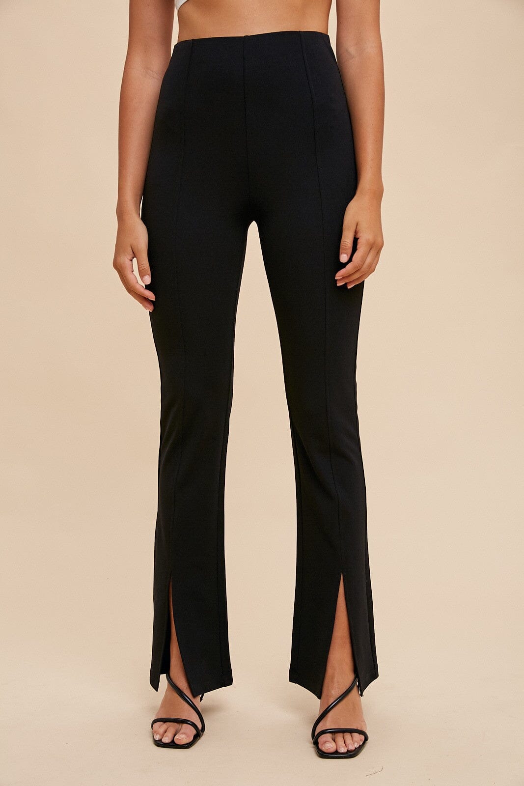 SLIT HEM AND PINTUCK FRONT FLARE STRETCH PANTS annie wear 