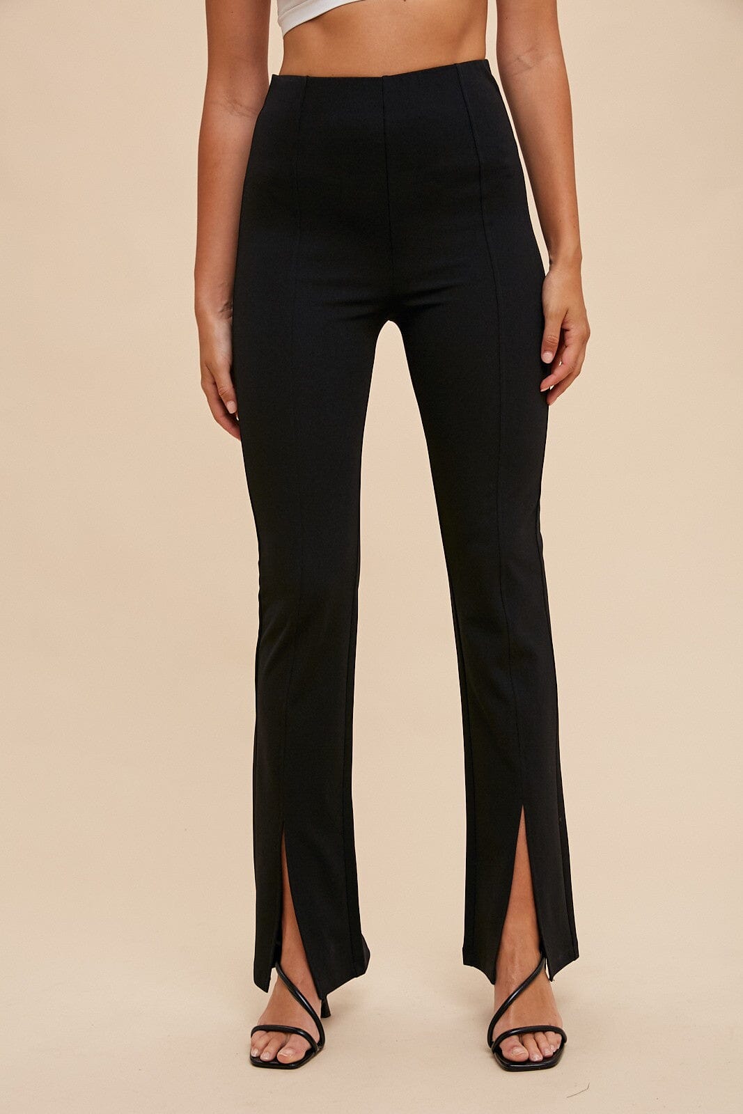 SLIT HEM AND PINTUCK FRONT FLARE STRETCH PANTS annie wear 
