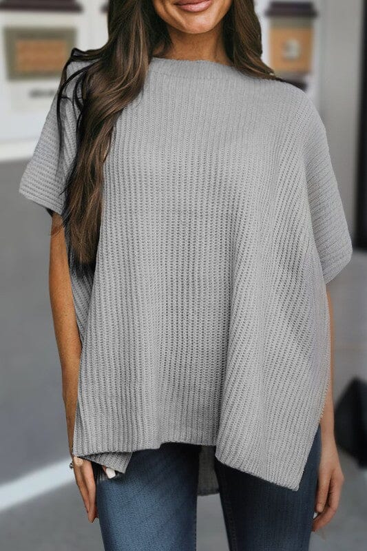 Slouchy Short Sleeve Sweater with Side Slits Shewin 