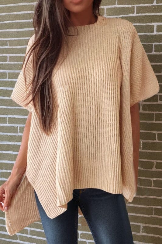 Slouchy Short Sleeve Sweater with Side Slits Shewin 
