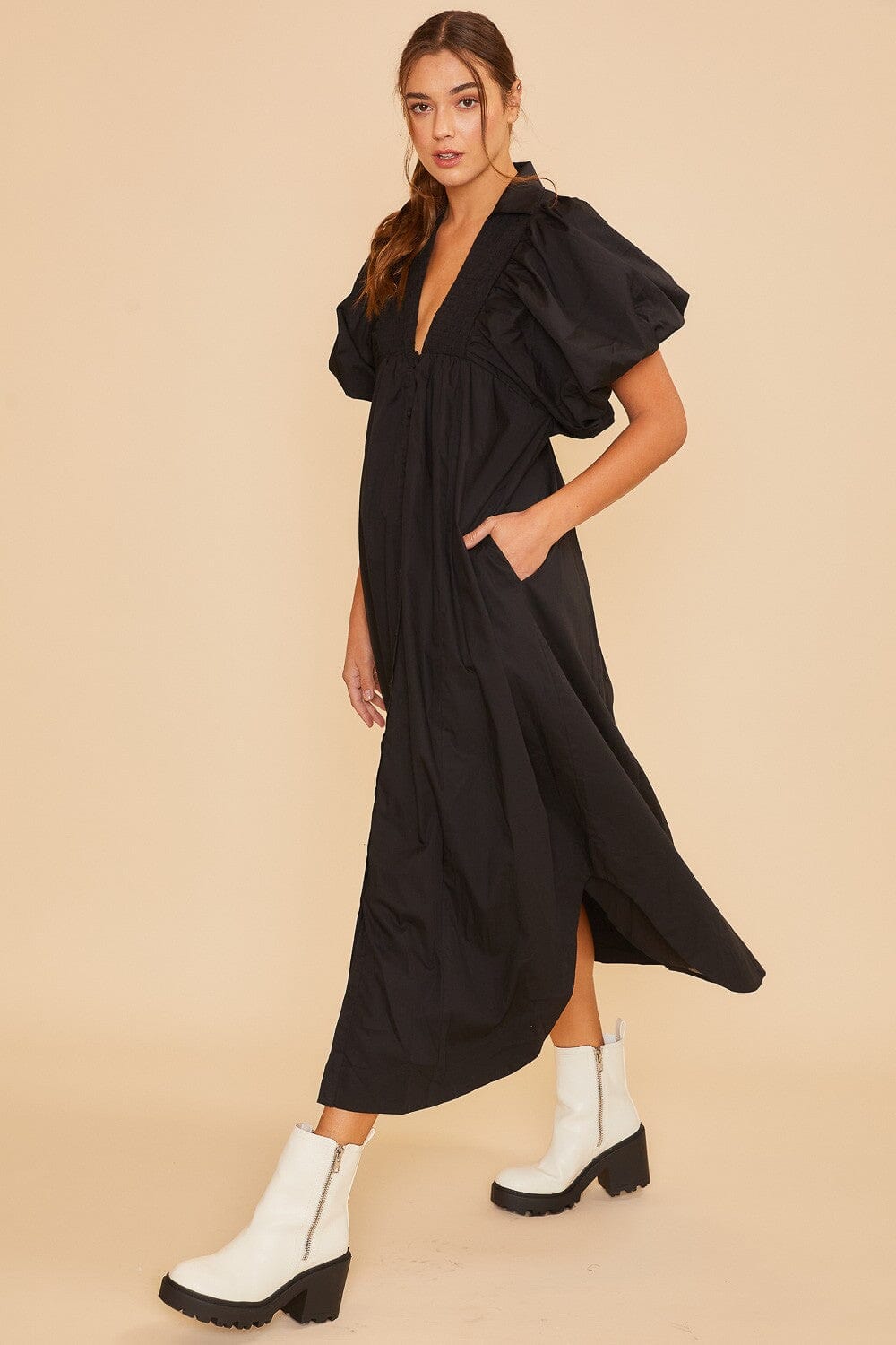 SMOCK DETAIL PUFF SLEEVE MIDI DRESS annie wear 