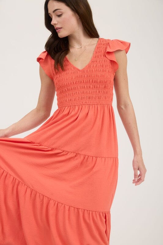 Smocked Bodice Flutter Sleeve Midi Sugarlips small Coral 