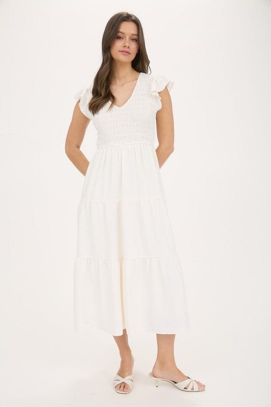 Smocked Bodice Flutter Sleeve Midi Sugarlips small White 