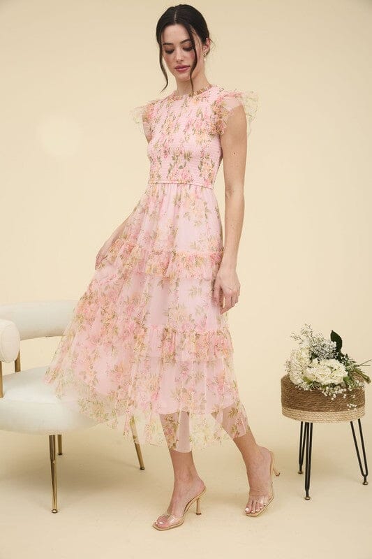 Smocked Midi with Floral Chiffon Overlay Mine & Em 