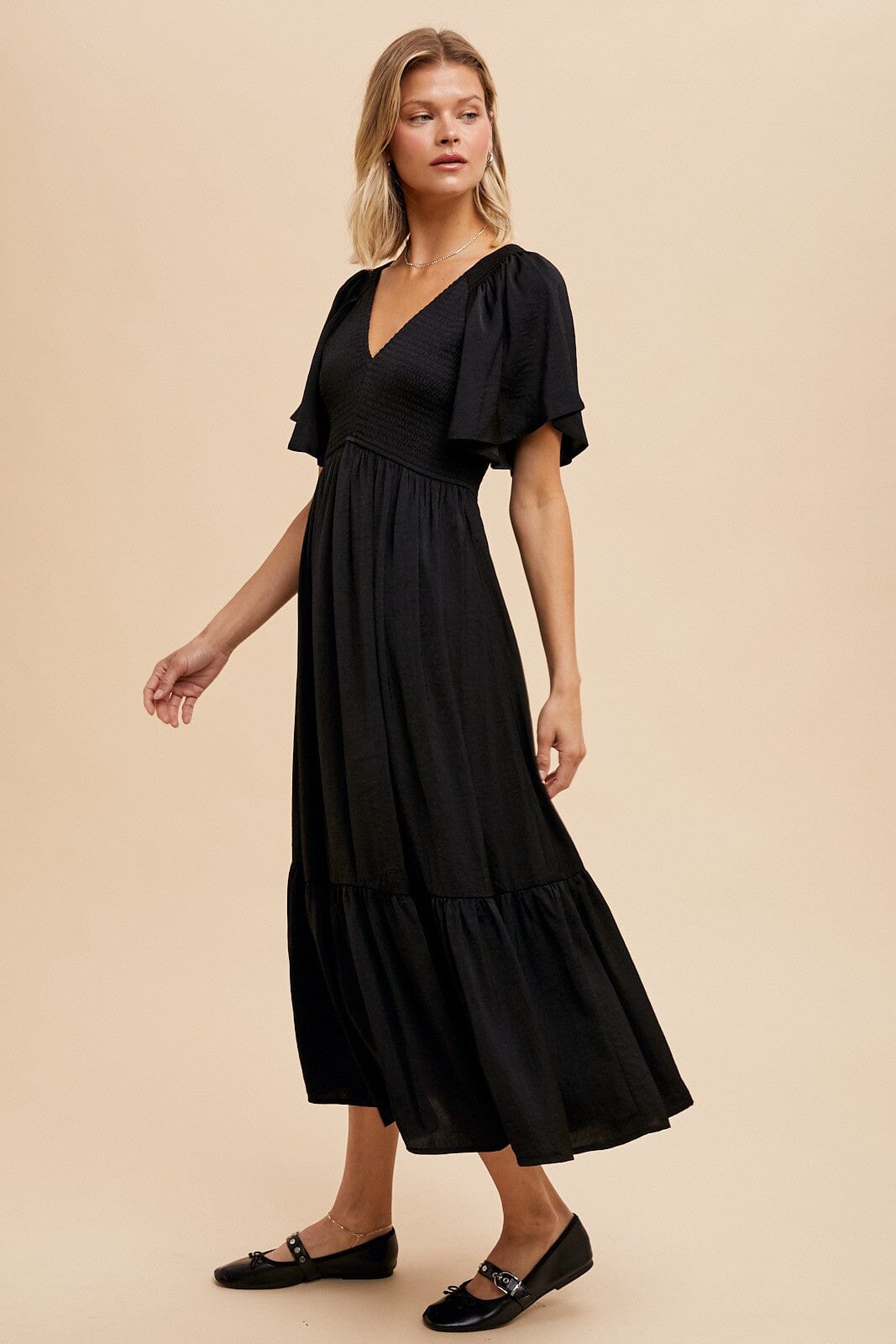 SMOCKED WASHED SATIN MIDI DRESS In Loom 