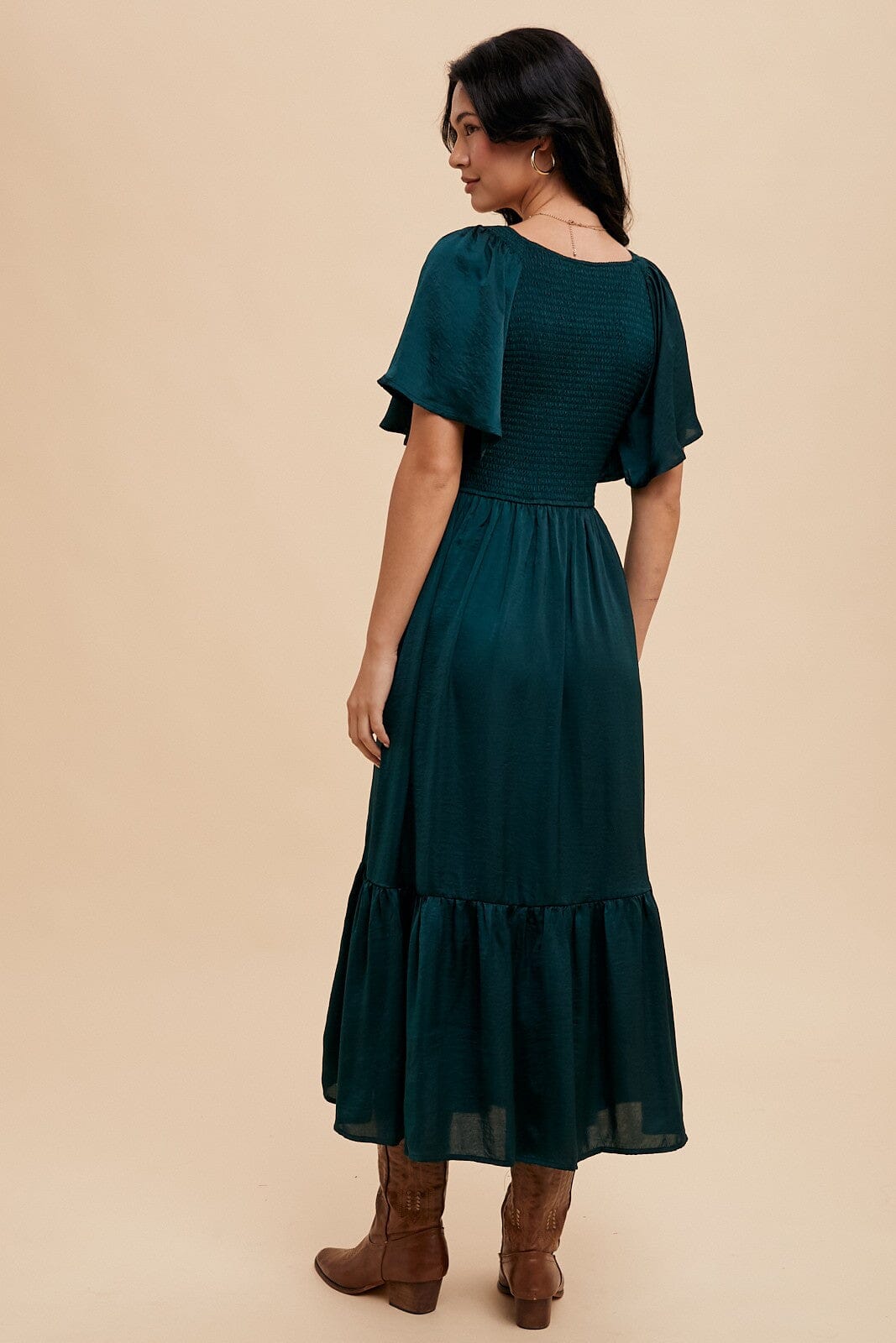 SMOCKED WASHED SATIN MIDI DRESS In Loom 