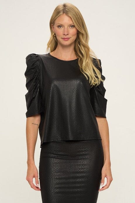 Snake Embossed Faux Leather Puff Sleeve Top Cherish 