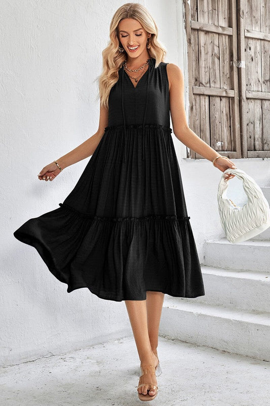 Solid V Neck Ruffle Dress supreme fashion 