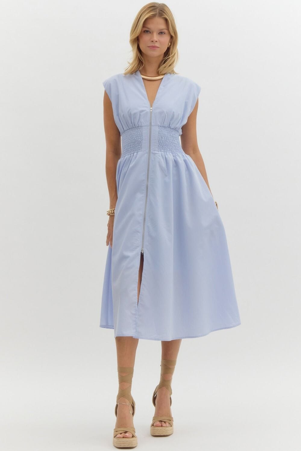 Spring Dual Zipper Poplin Dress Entro small Blue 