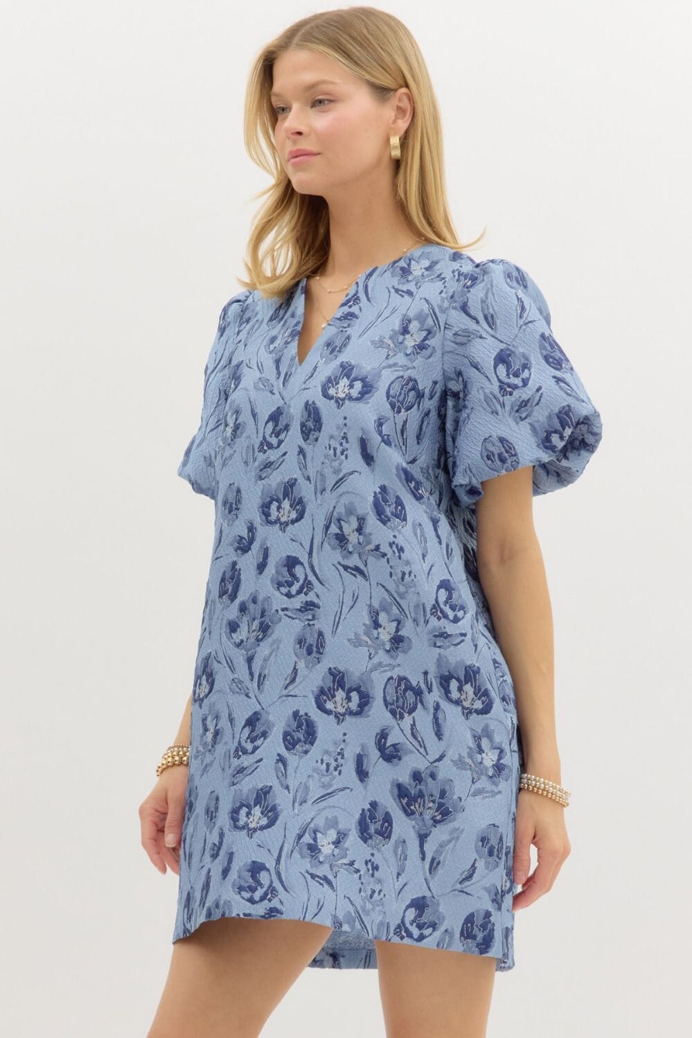 Spring Floral Jacquard Puff Sleeve Dress Entro 