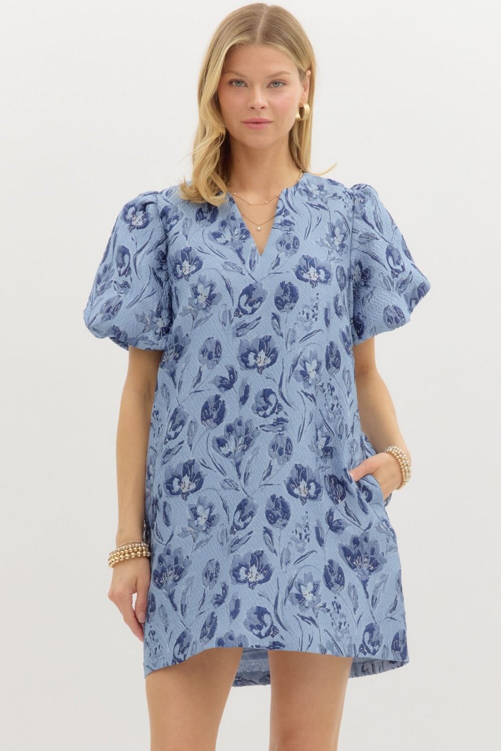 Spring Floral Jacquard Puff Sleeve Dress Entro small Blue 