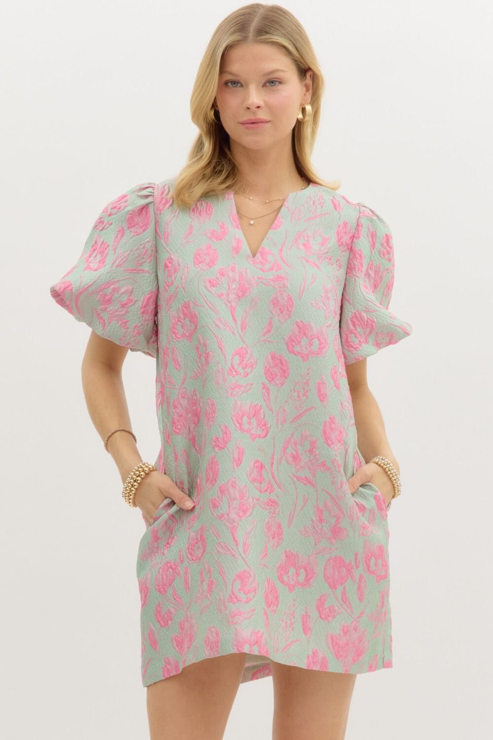Spring Floral Jacquard Puff Sleeve Dress Entro small Mint 