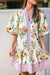 Spring Floral Puff Sleeve Dress with Striped Trim Detail Shewin 