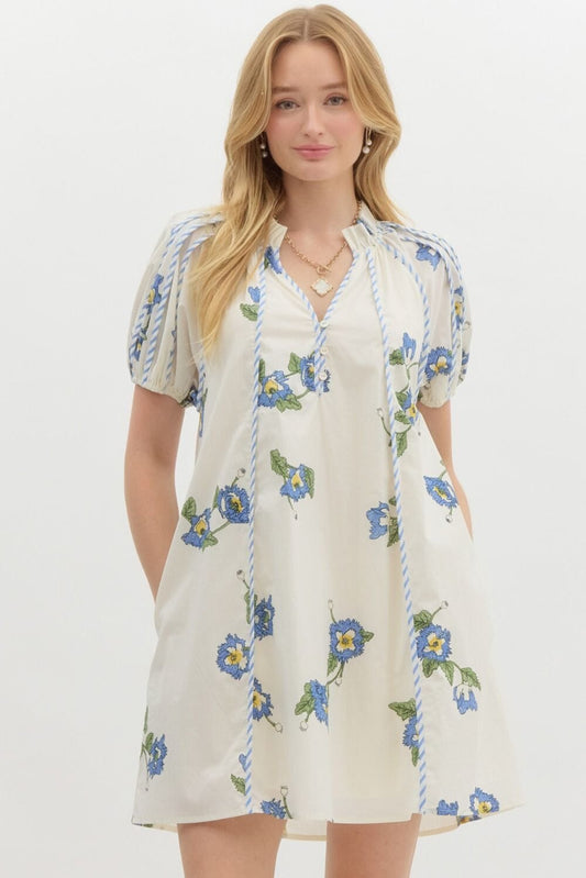 Spring Floral Puff Sleeve Dress with Striped Trim Entro 