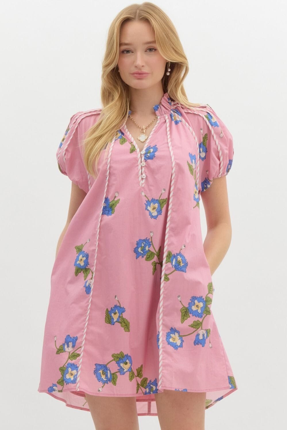 Spring Floral Puff Sleeve Dress with Striped Trim Entro 
