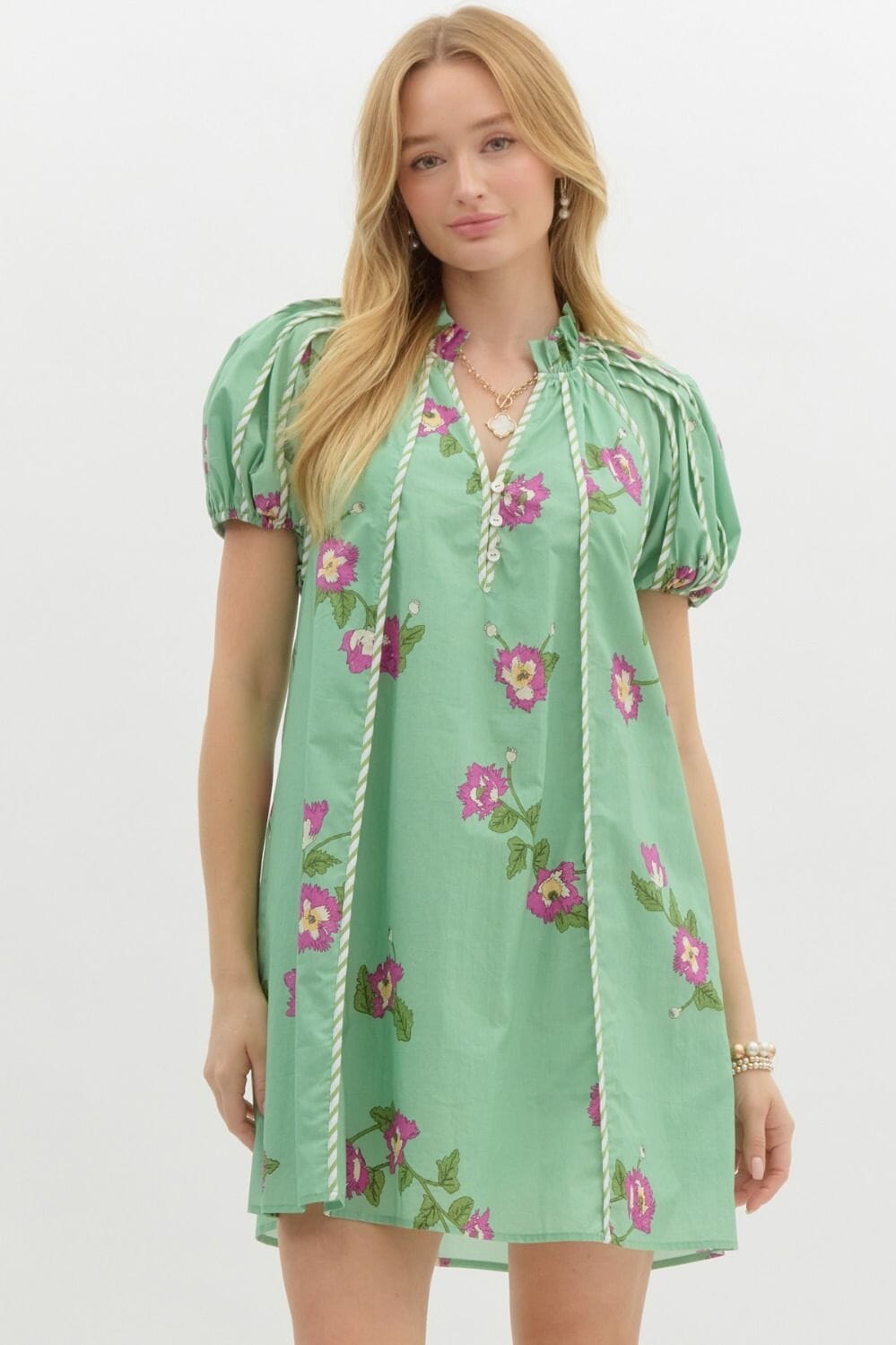 Spring Floral Puff Sleeve Dress with Striped Trim Entro 