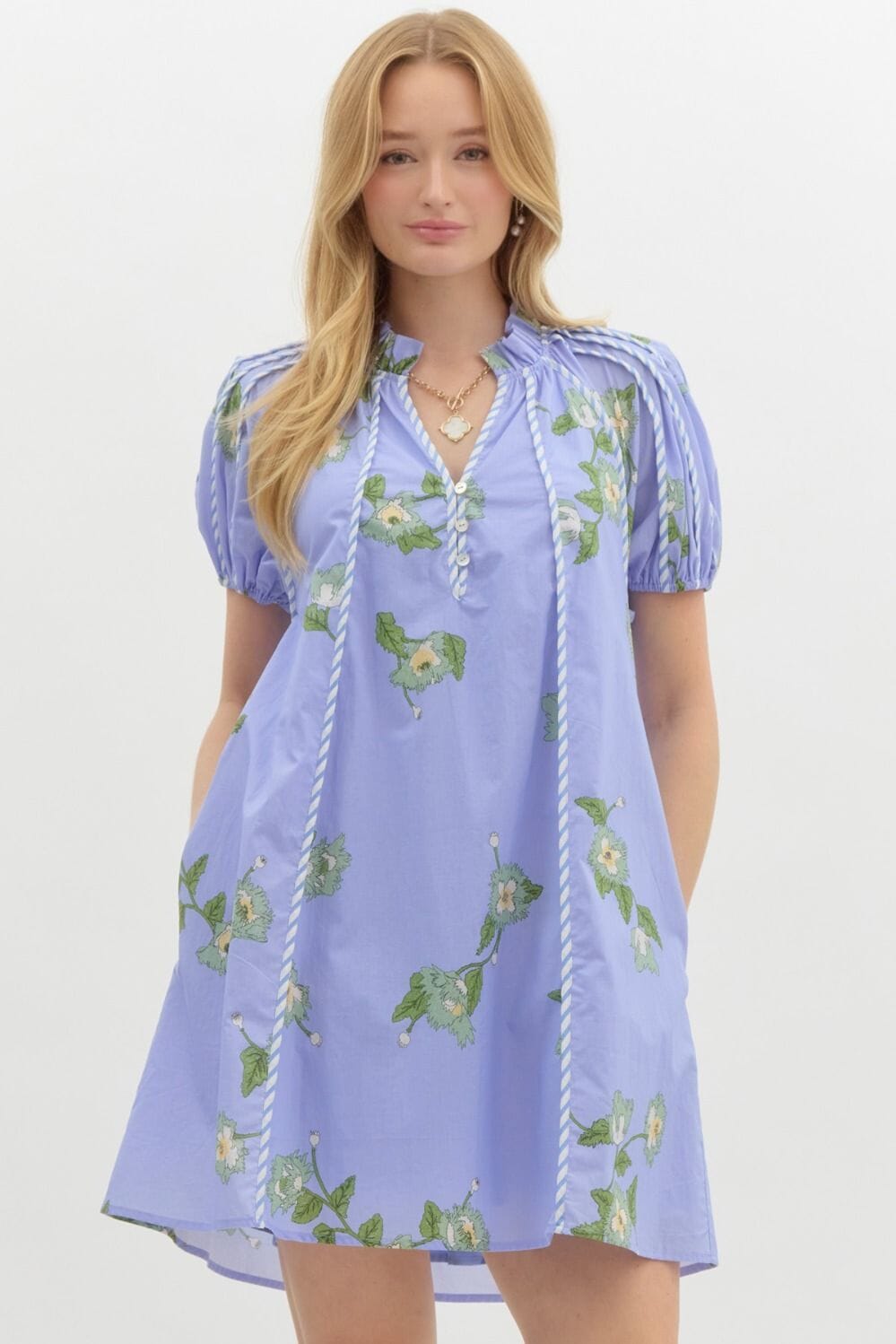 Spring Floral Puff Sleeve Dress with Striped Trim Entro 