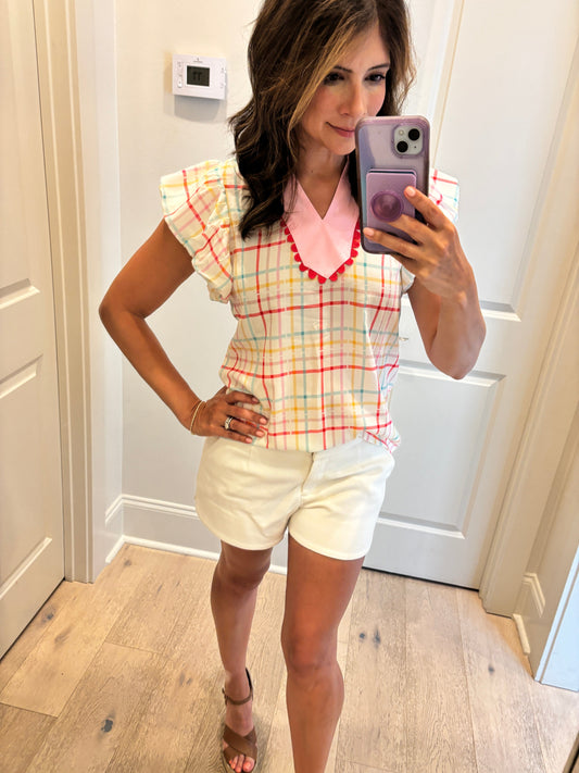 Spring Gingham Top with Pink Yoke Shewin 