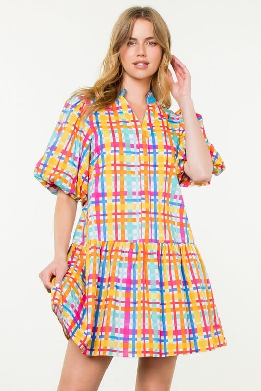 Spring Plaid Puff Sleeve Dress THML 