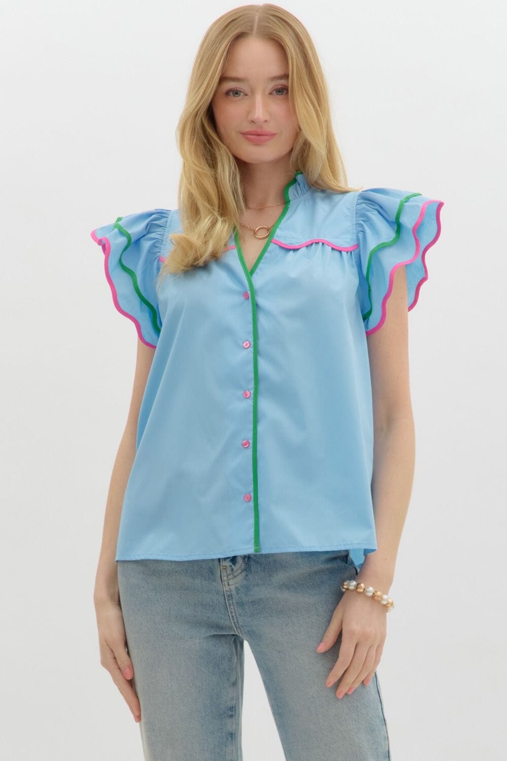 Spring Poplin Button Down Top Entro 