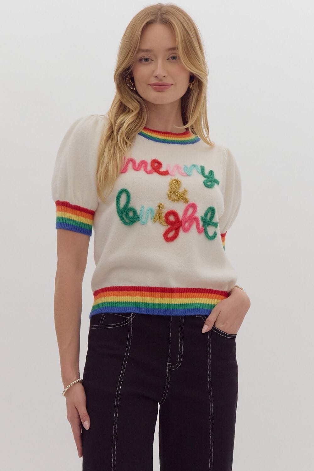 SS Merry & Bright Glitter Script Rainbow Sweater Entro 