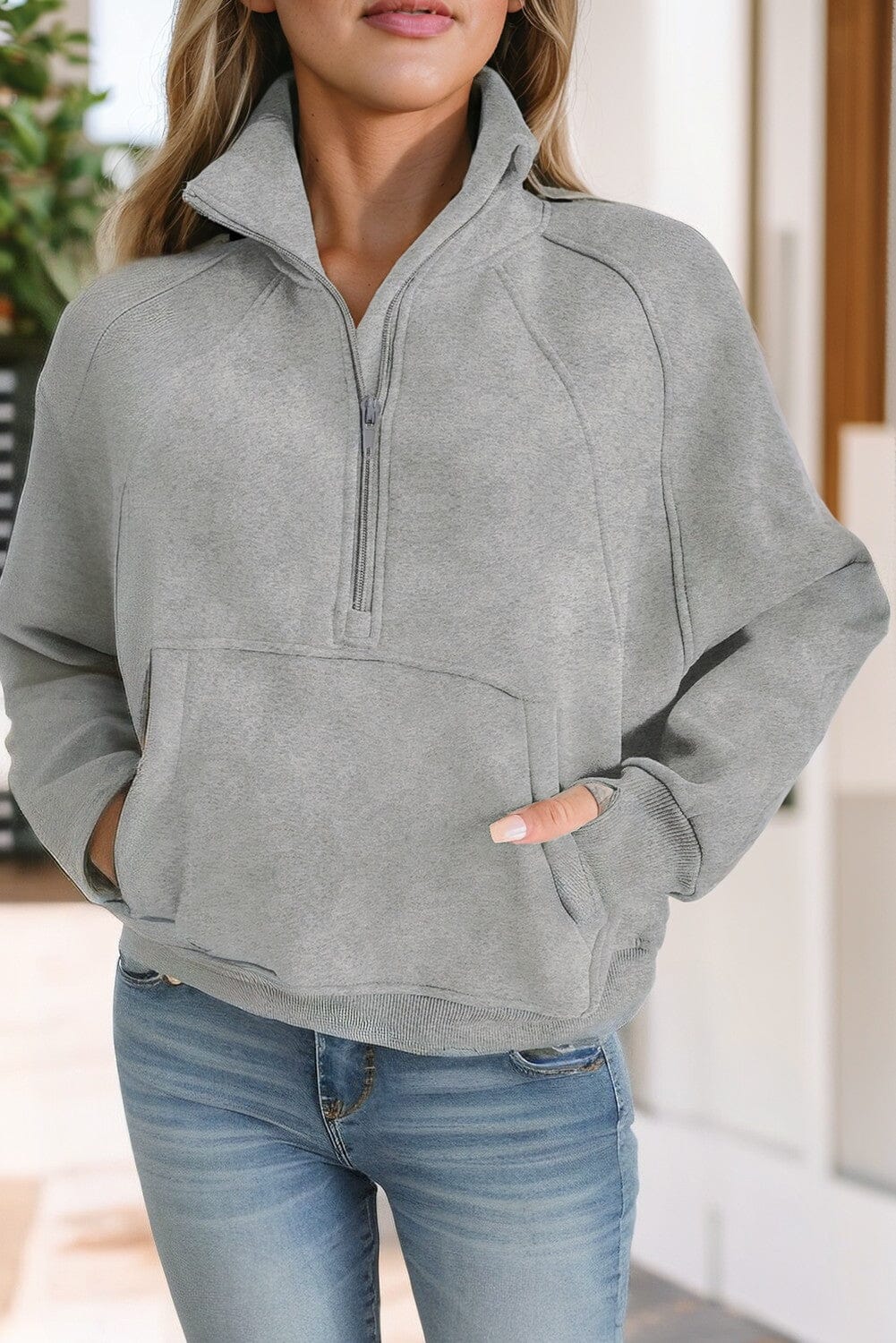 Stand Collar Ribbed Thumbhole Sleeve Sweatshirt Shewin 