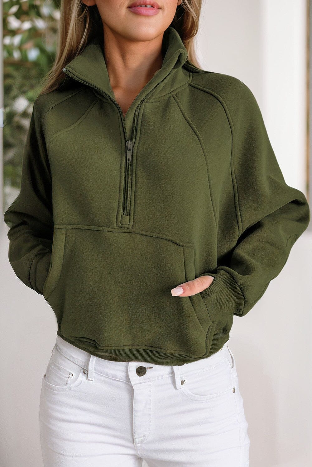 Stand Collar Ribbed Thumbhole Sleeve Sweatshirt Shewin 