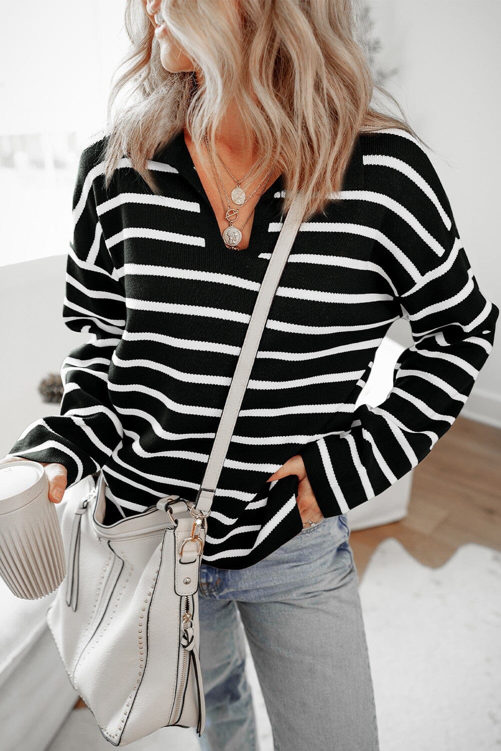 Stand Neck Long Sleeve Striped V-Neck Sweater kentce 