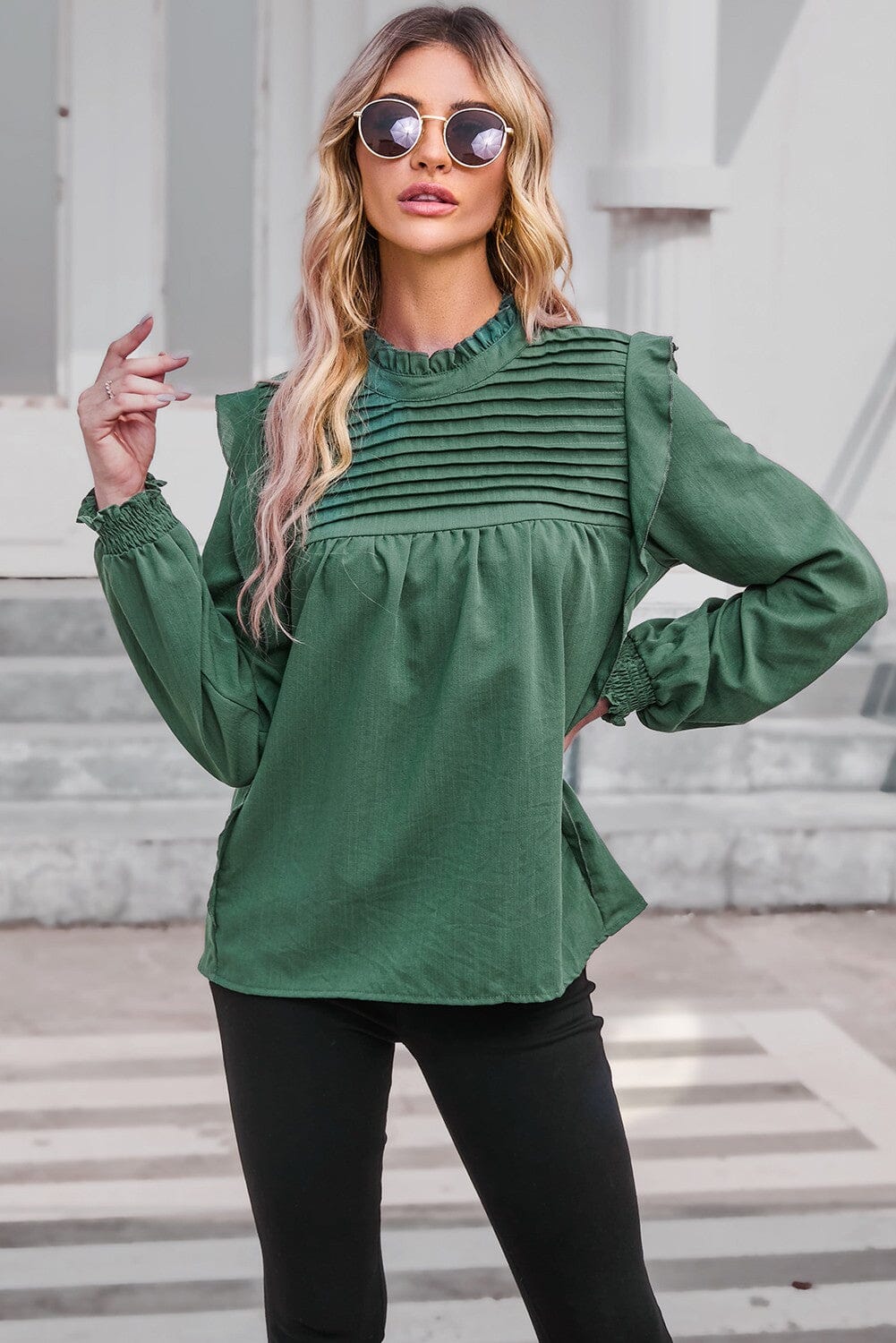 Stand Neck Ruffled Puff Sleeve Blouse Kentce 