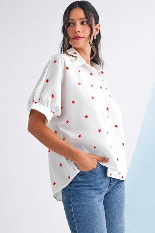 Star Button Up Puff Sleeve Top Shewin 
