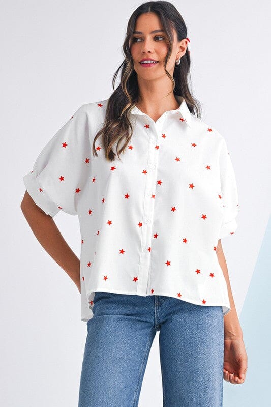 Star Button Up Puff Sleeve Top Shewin 