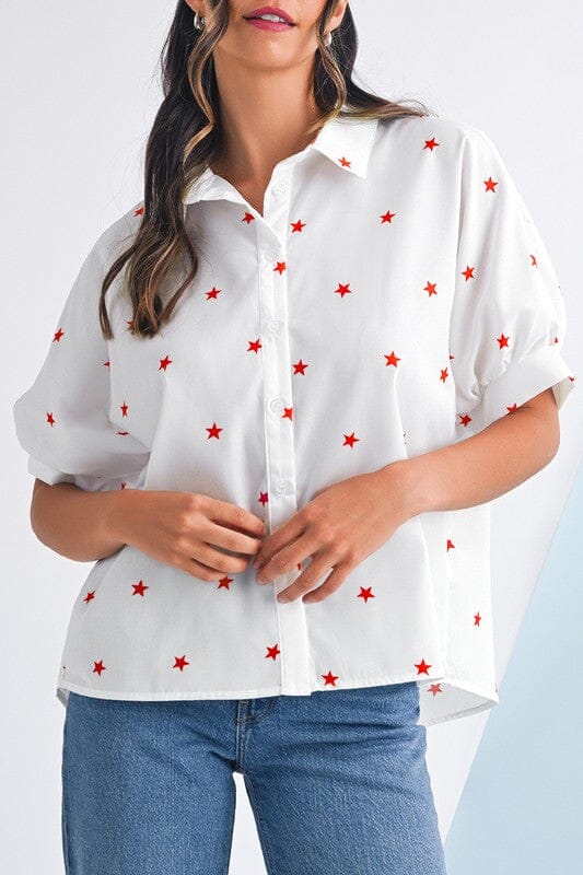 Star Button Up Puff Sleeve Top Shewin 