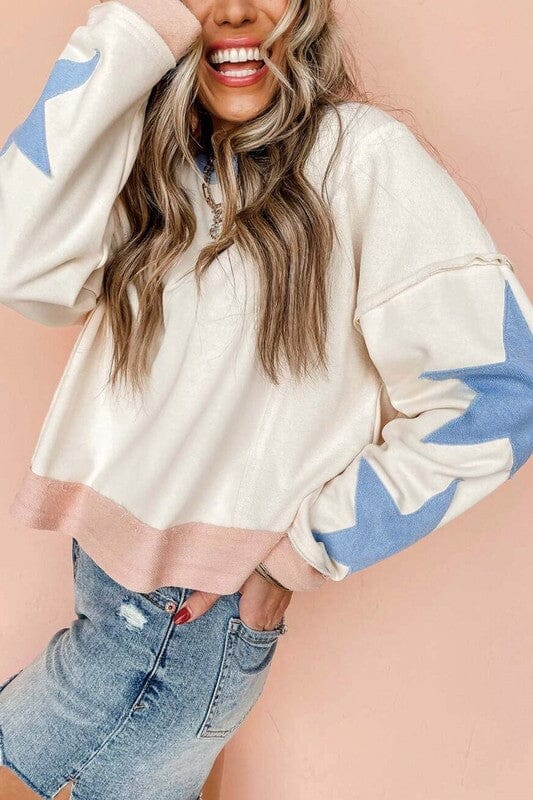 Star Sleeve Round Neck Sweatshirt Asia Direct small Blue 