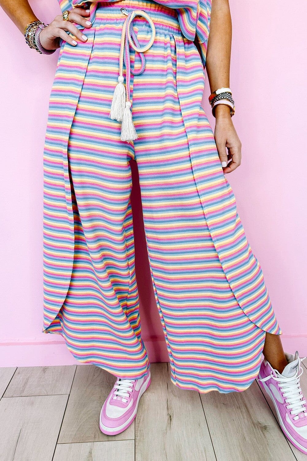 Stripe Rainbow Tee Tasseled String Pants Set Youmi 