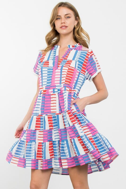 Striped Blue Colorblock Tiered Dress thml 