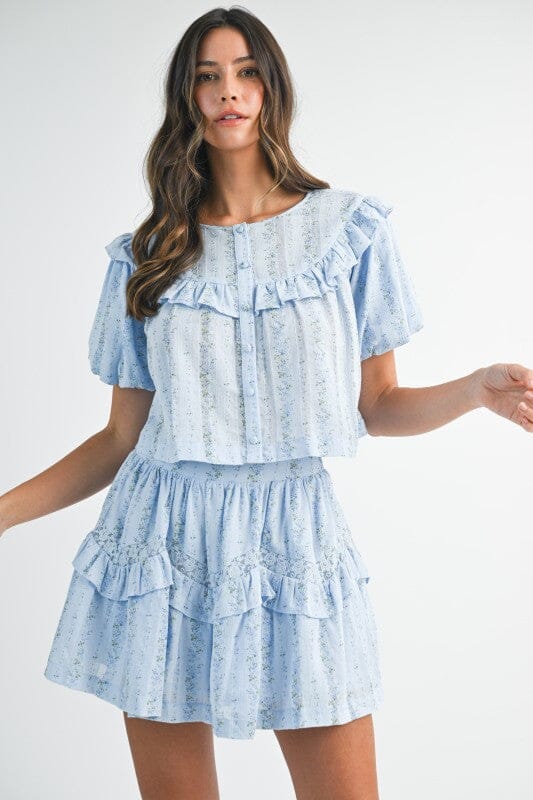 Striped Floral Ruffle Skirt Set Mable small Blue 
