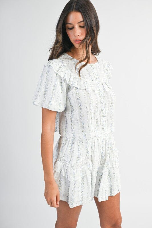 Striped Floral Ruffle Skirt Set Mable small White 