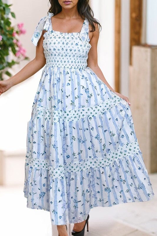 Striped Floral Shoulder Tie Maxi Shewin small Blue 