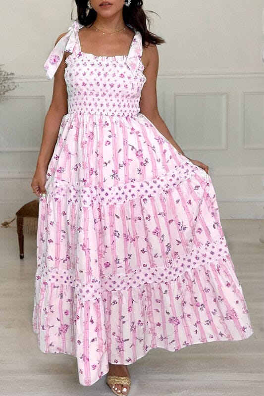 Striped Floral Shoulder Tie Maxi Shewin small Pink 