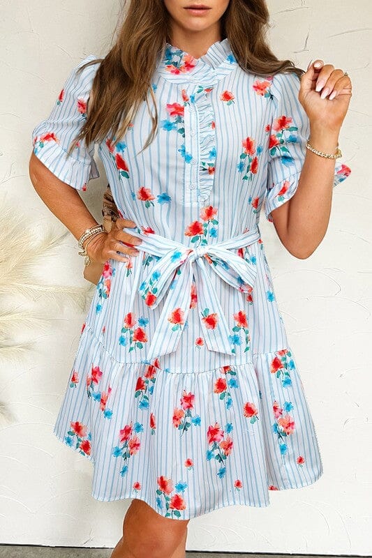 Striped Floral Tie Waist Dress Shewin 