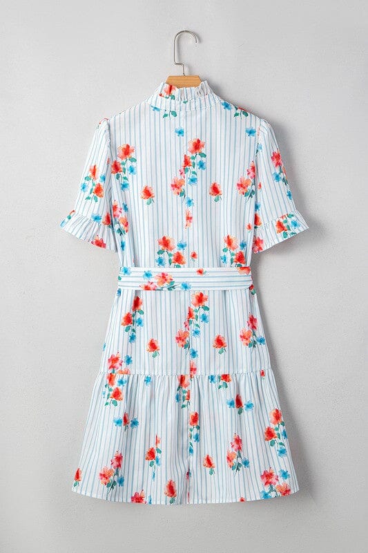 Striped Floral Tie Waist Dress Shewin 