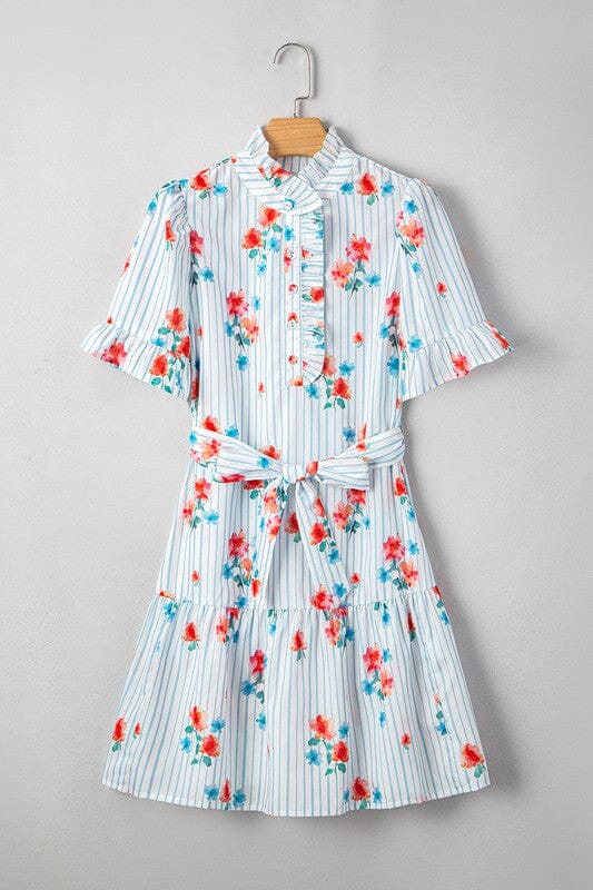 Striped Floral Tie Waist Dress Shewin 