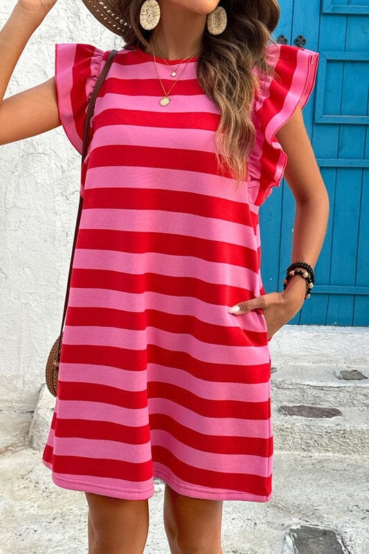 Striped Flutter Sleeve Dress Shewin small Red 