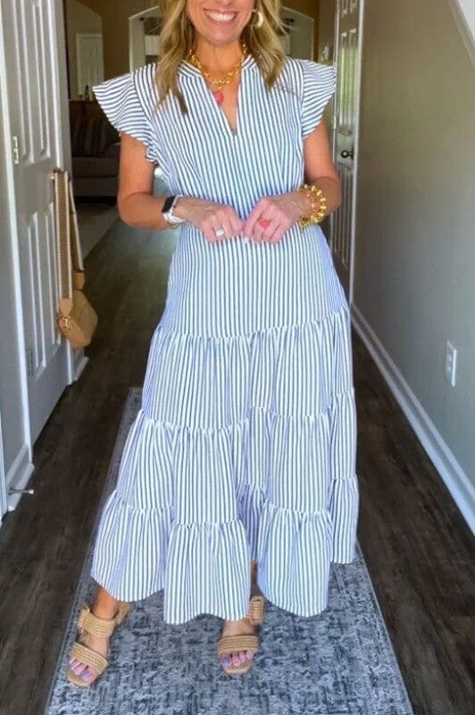 Striped Flutter Sleeve Maxi Wholesalesir small Blue 