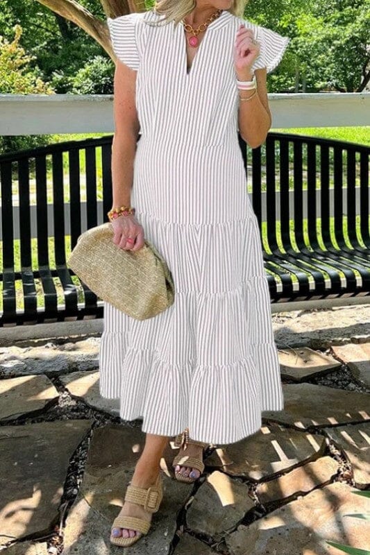 Striped Flutter Sleeve Maxi Wholesalesir small Khaki 